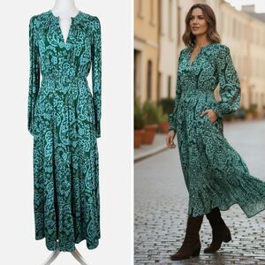 Boden Paisley Long Sleeve Smock Waist Tiered Jersey Midi Dress Pockets Sz 6